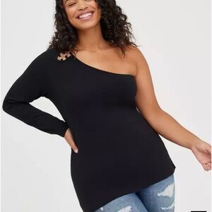 Torrid One Shoulder Foxy Knit Black Top‎ Size L 12 Off Shoulder Chainlink NEW